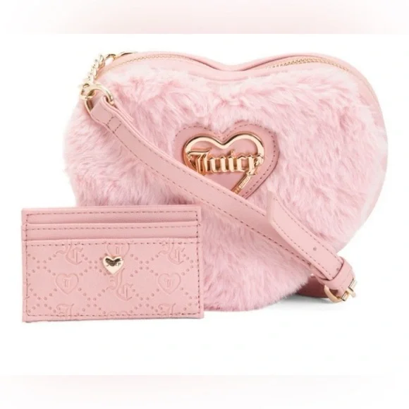 “SOLD” Juicy Couture Faux Fur Heart Crossbody Bag Taffy Pink Wallet Gift Set - Picture 10 of 11